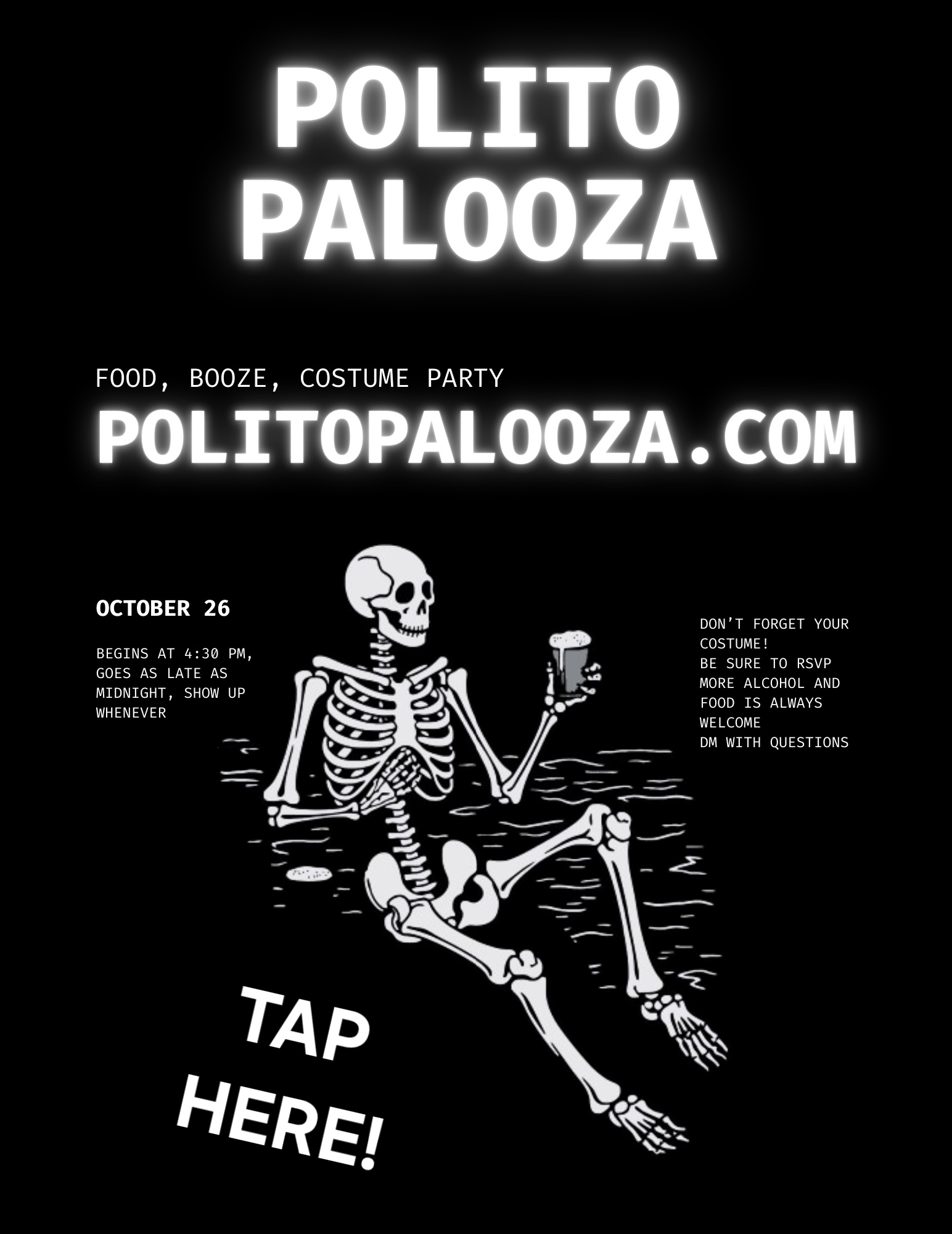 An image of a skeleton with Polito Palooza October 26, 2024